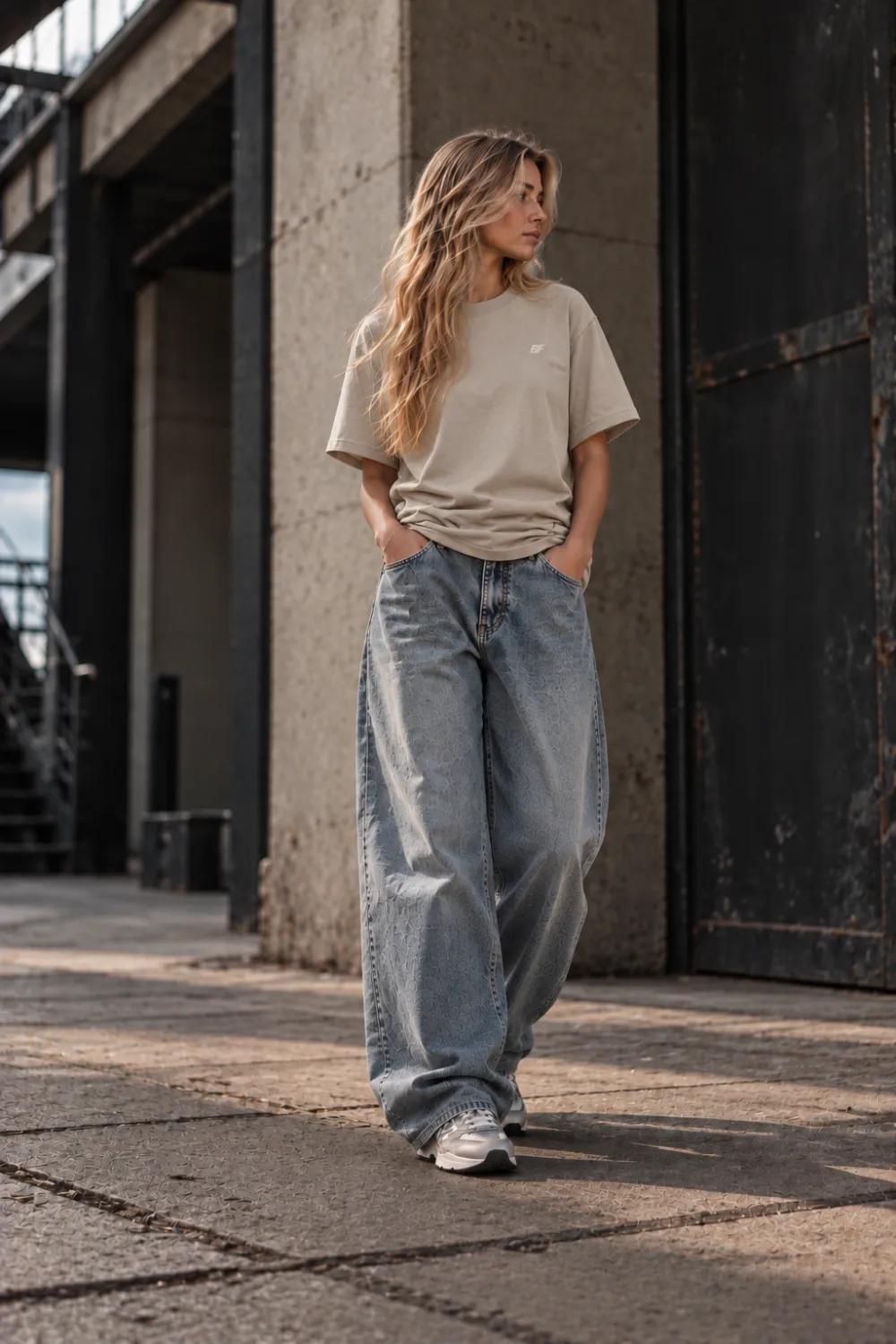 Model draagt Built For oversized T-shirt beige, voorkant