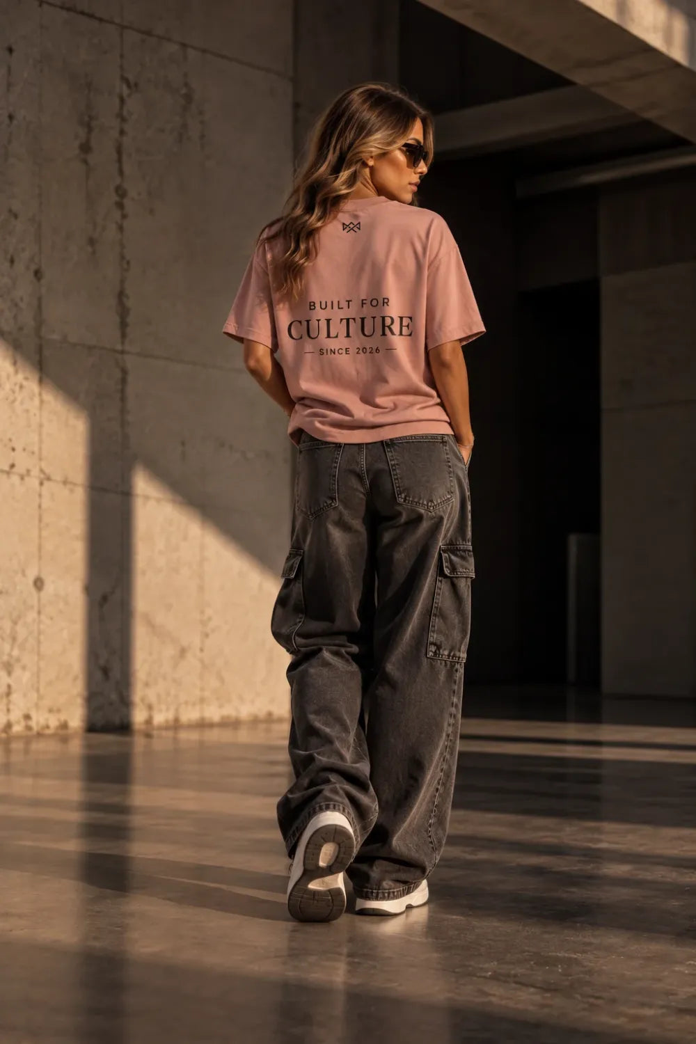 Built For oversized T-shirt roze met zwarte opdruk, achterkant, productfoto