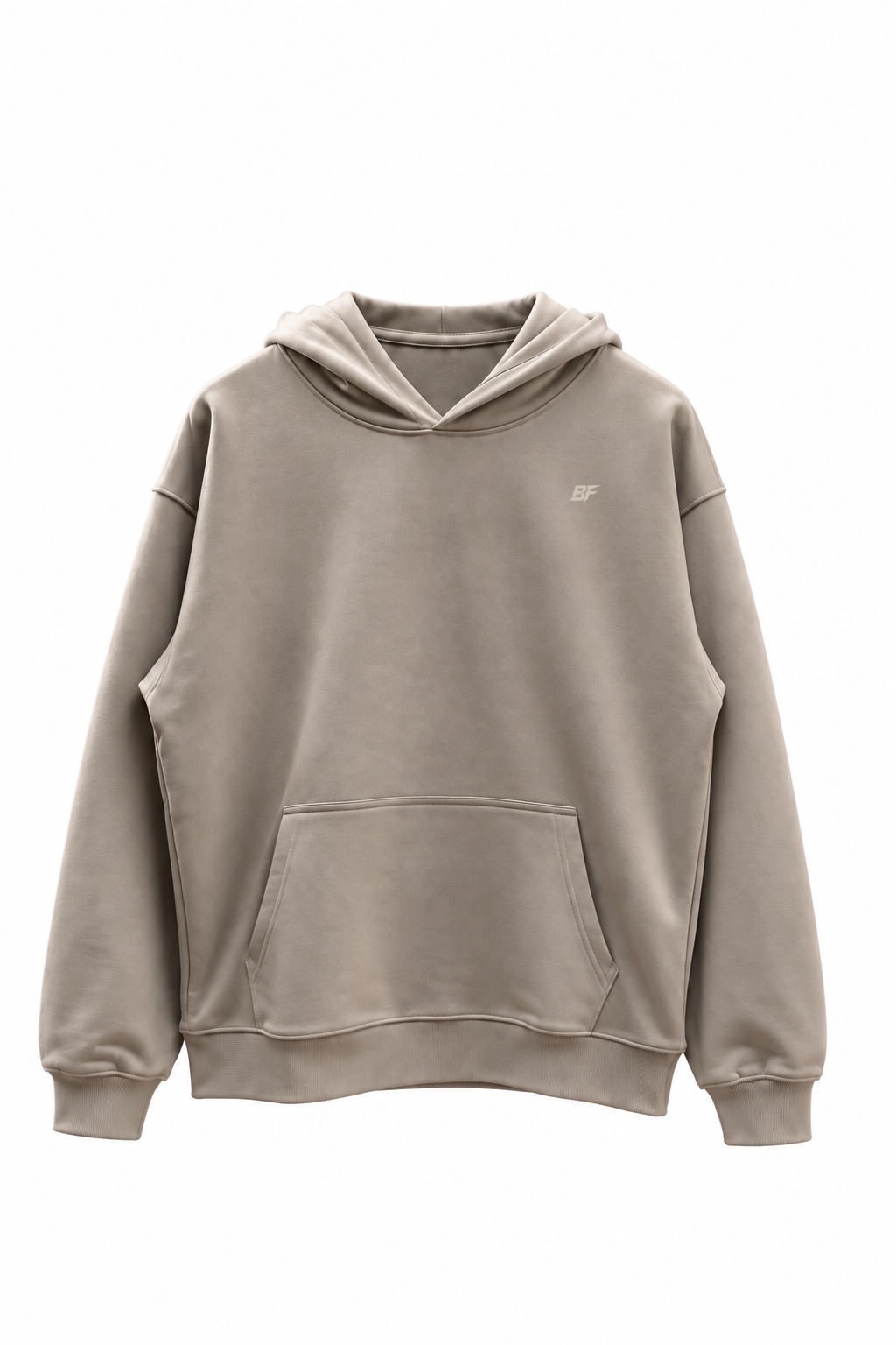 Built For oversized hoodie zand met zwarte opdruk, voorkant