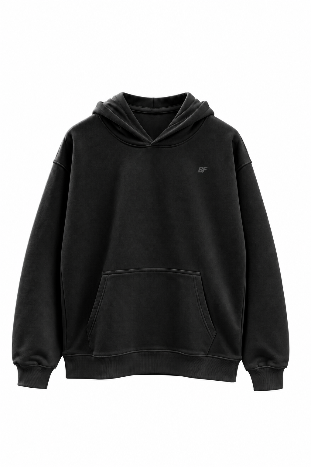 Built For oversized hoodie zwart met zwarte opdruk, voorkant